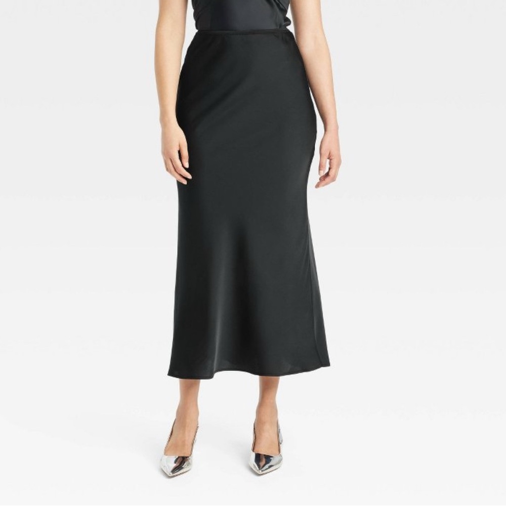 A New Day Black Satin Slip Midi Skirt XS Bias Cut Target NWOT